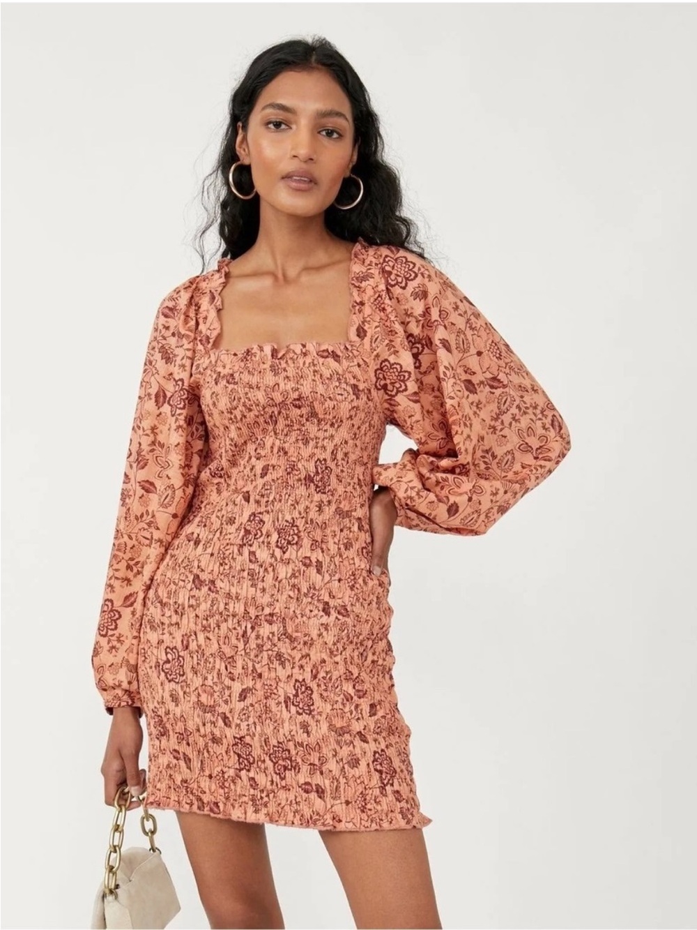 Free People Smock Mini Dress in Peach Floral